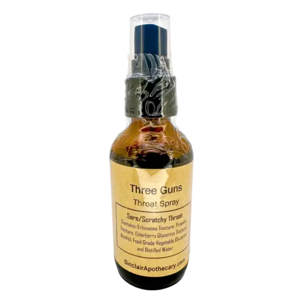 Three Guns Throat Spray with Echinacea and Elderberry Small amber throat spray bottle with herbal ingredients, labeled “Three Guns,” for sore throat relief.