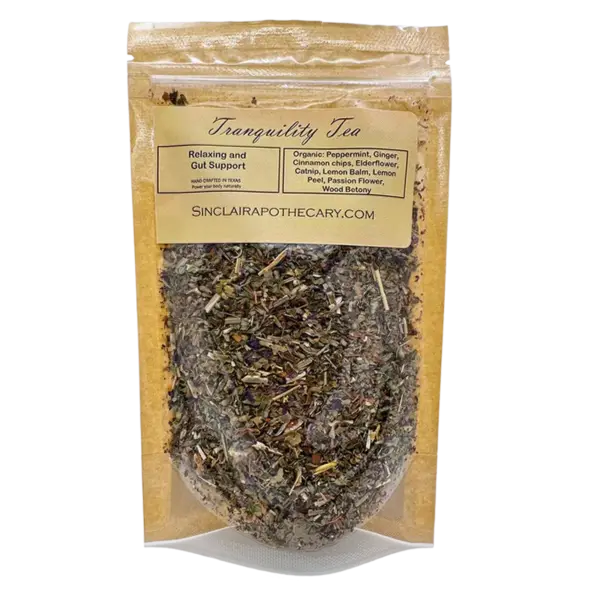 Organic Tranquility Tea with peppermint, ginger, elderflower, cinnamon, and ginger.