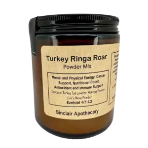 Jar of Sinclair Apothecary Turkey Ringa Roar Powder Mix with Turkey Tail, Moringa, and Lions Mane.