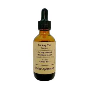 Amber glass Turkey Tail tincture bottle with dropper, labeled for immune and microbiome support.