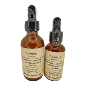 Turmeric Tincture for Inflammation and Detoxification Amber turmeric tincture bottles with dropper tops, herbal labels, and Sinclair Apothecary branding.