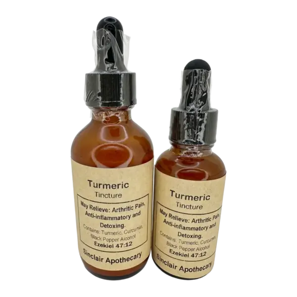 Turmeric Tincture for Inflammation and Detoxification Amber turmeric tincture bottles with dropper tops, herbal labels, and Sinclair Apothecary branding.