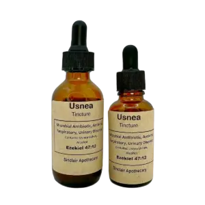 Two amber bottles of Usnea Tincture with dropper caps, promoting natural antimicrobial and antiviral health.