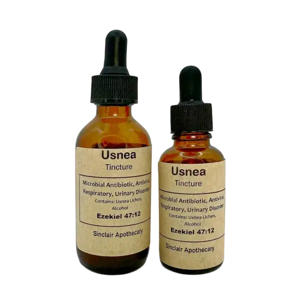 Two amber bottles of Usnea Tincture with dropper caps, promoting natural antimicrobial and antiviral health.