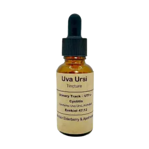 Amber glass bottle of Uva Ursi tincture for urinary tract health, Sinclair Elderberry & Apothecary.