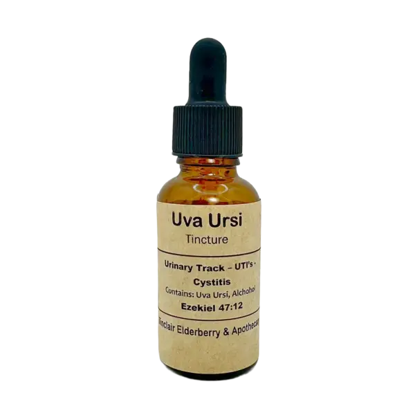 Amber glass bottle of Uva Ursi tincture for urinary tract health, Sinclair Elderberry & Apothecary.
