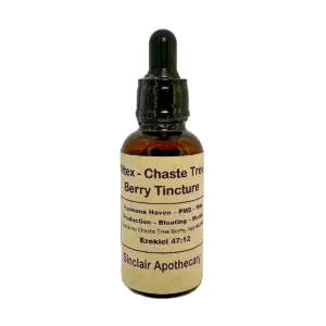 Small brown tincture bottle of Sinclair Apothecary Vitex Chaste Tree Berry with a dropper top.