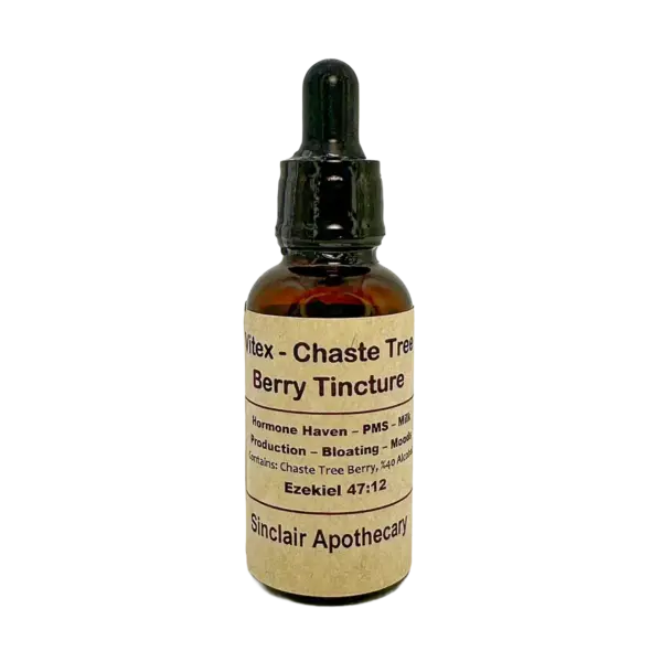 Small brown tincture bottle of Sinclair Apothecary Vitex Chaste Tree Berry with a dropper top.