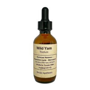 Amber glass tincture bottle of Wild Yam for hormone balance, cycle regulation, and menopause.