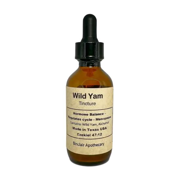 Amber glass tincture bottle of Wild Yam for hormone balance, cycle regulation, and menopause.